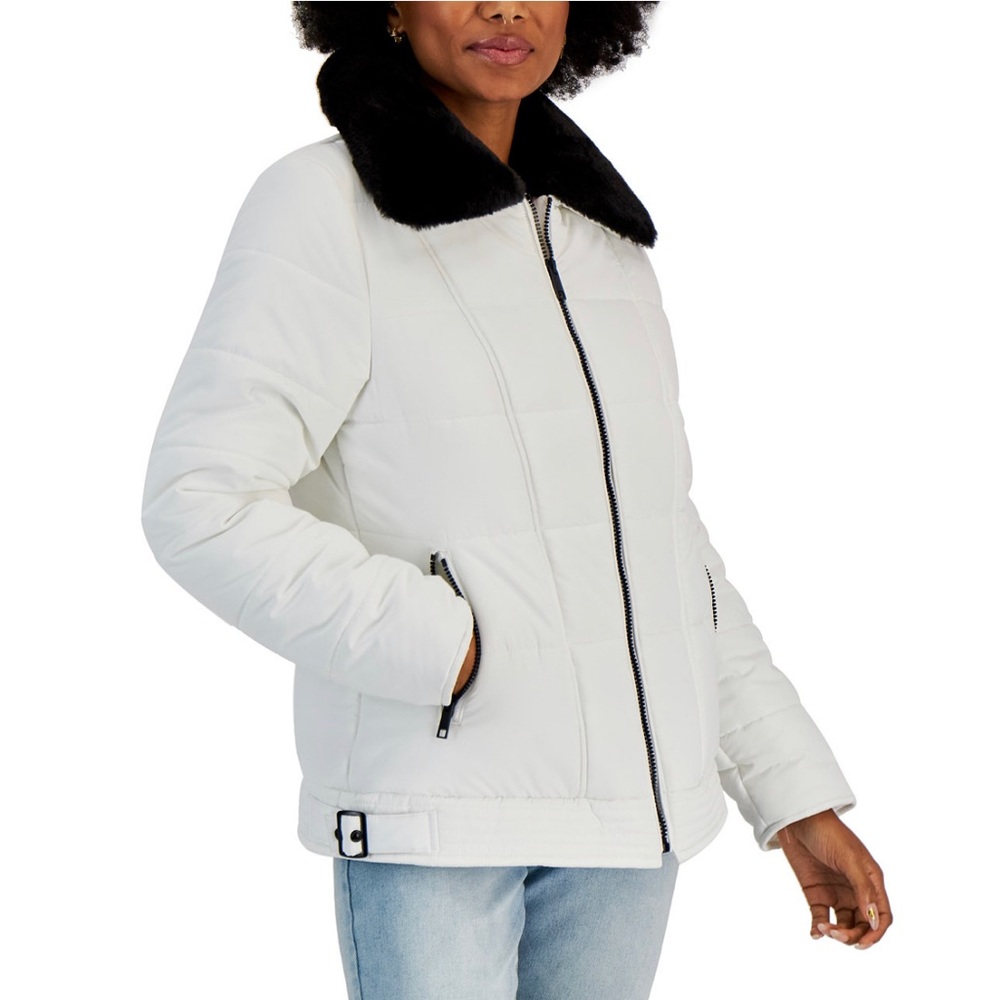 Juniors' Belted Faux-Fur-Collar Puffer Coat